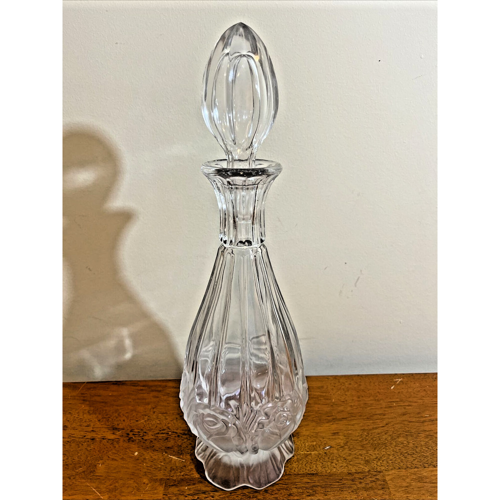 Vintage Crystal Clear Glass Wine Decanter with Frosted Floral Design Stopper 15"